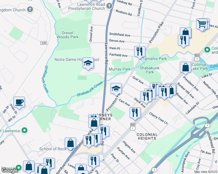 map of restaurants, bars, coffee shops, grocery stores, and more near 500 Lawrenceville Road in Lawrence Township