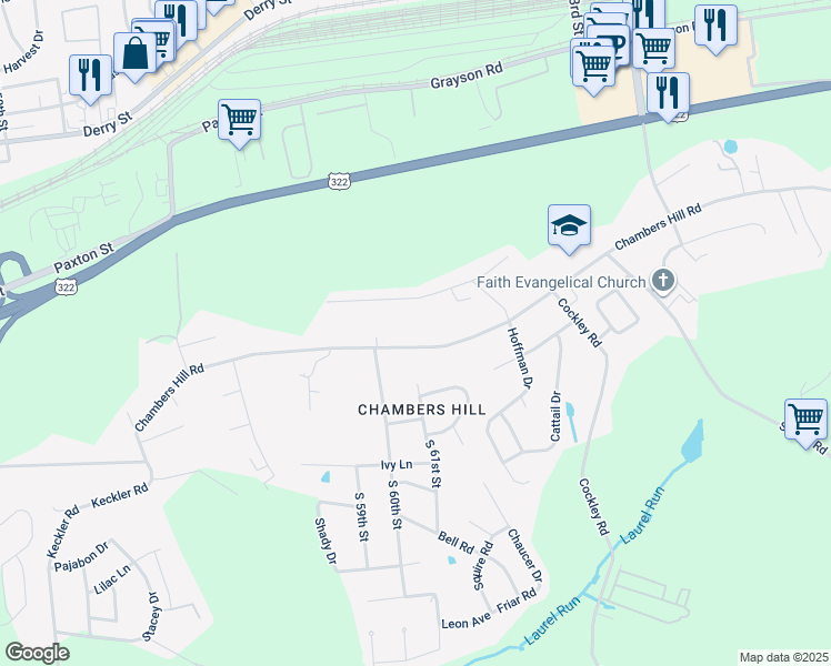 map of restaurants, bars, coffee shops, grocery stores, and more near 6040 Chambers Hill Road in Harrisburg