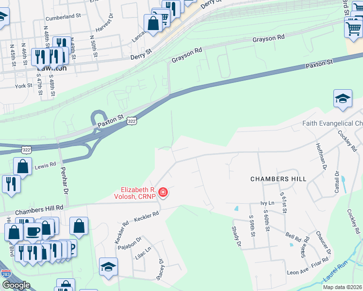 map of restaurants, bars, coffee shops, grocery stores, and more near 5610 Chambers Hill Road in Harrisburg