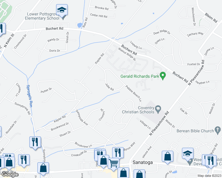 map of restaurants, bars, coffee shops, grocery stores, and more near 120 Julie Road in Sanatoga