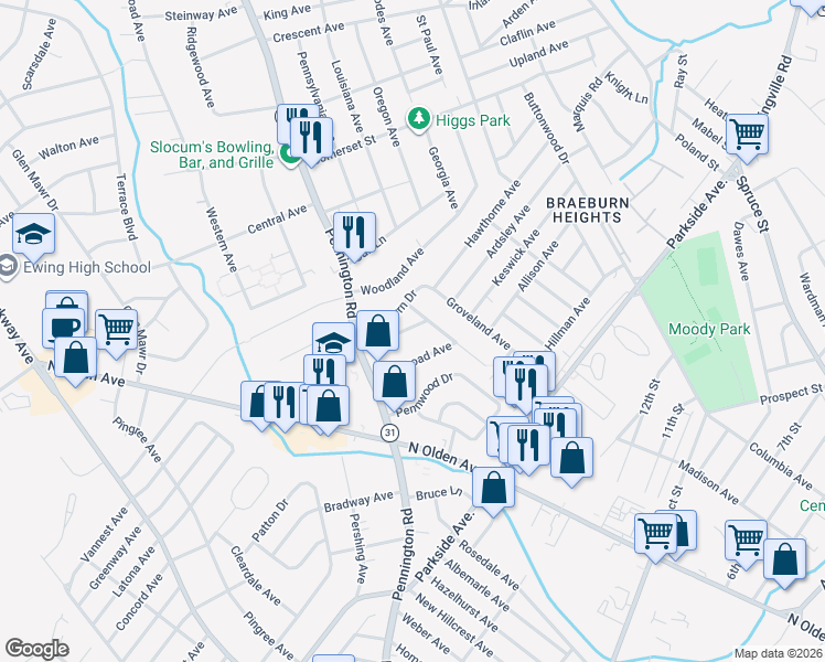 map of restaurants, bars, coffee shops, grocery stores, and more near 12 Pennroad Avenue in Ewing Township