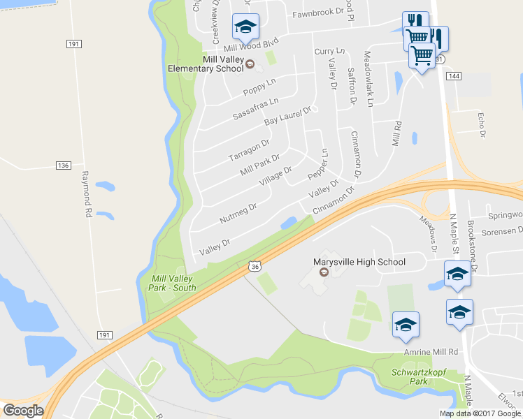 map of restaurants, bars, coffee shops, grocery stores, and more near 1204 Valley Drive in Marysville