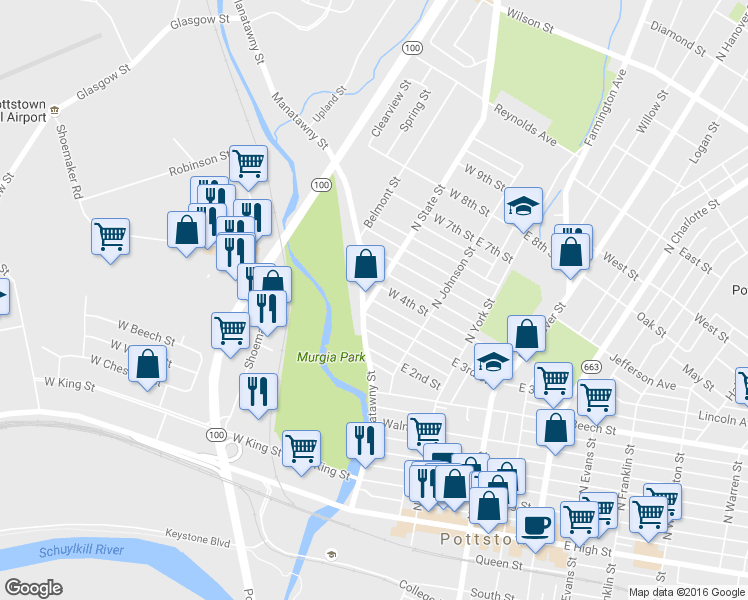 map of restaurants, bars, coffee shops, grocery stores, and more near 318 State Street in Pottstown