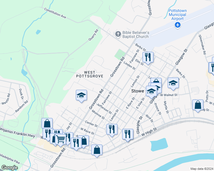 map of restaurants, bars, coffee shops, grocery stores, and more near 414 Grosstown Road in Stowe