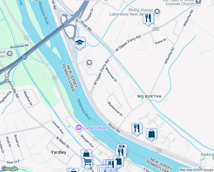map of restaurants, bars, coffee shops, grocery stores, and more near 8 Boxwood Court in Ewing Township