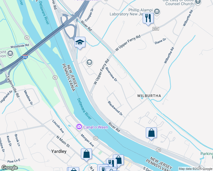 map of restaurants, bars, coffee shops, grocery stores, and more near 8 Boxwood Court in Ewing Township