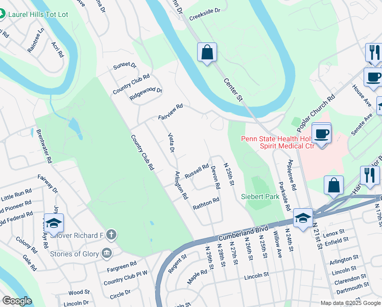 map of restaurants, bars, coffee shops, grocery stores, and more near 2849 Vista Circle in Camp Hill