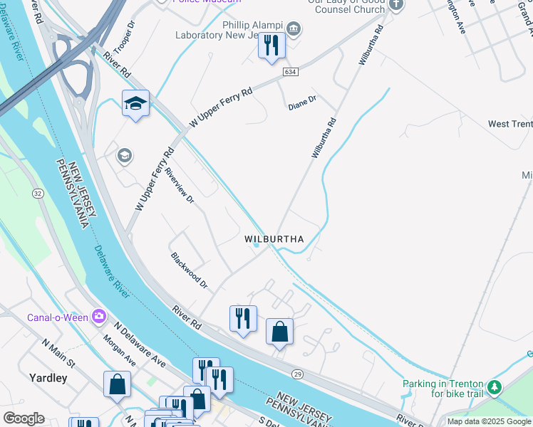 map of restaurants, bars, coffee shops, grocery stores, and more near 44 Wilburtha Road in Ewing Township