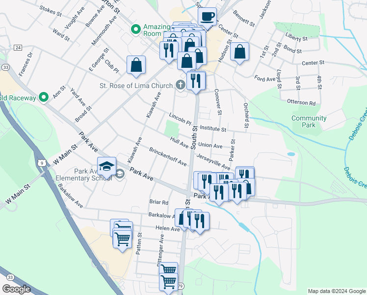map of restaurants, bars, coffee shops, grocery stores, and more near 8 Hull Avenue in Freehold