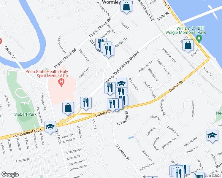 map of restaurants, bars, coffee shops, grocery stores, and more near 1150 Camp Hill Bypass in Camp Hill
