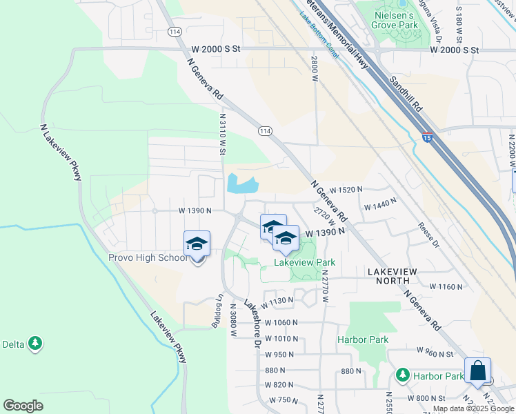 map of restaurants, bars, coffee shops, grocery stores, and more near 1989 North 2950 West in Provo