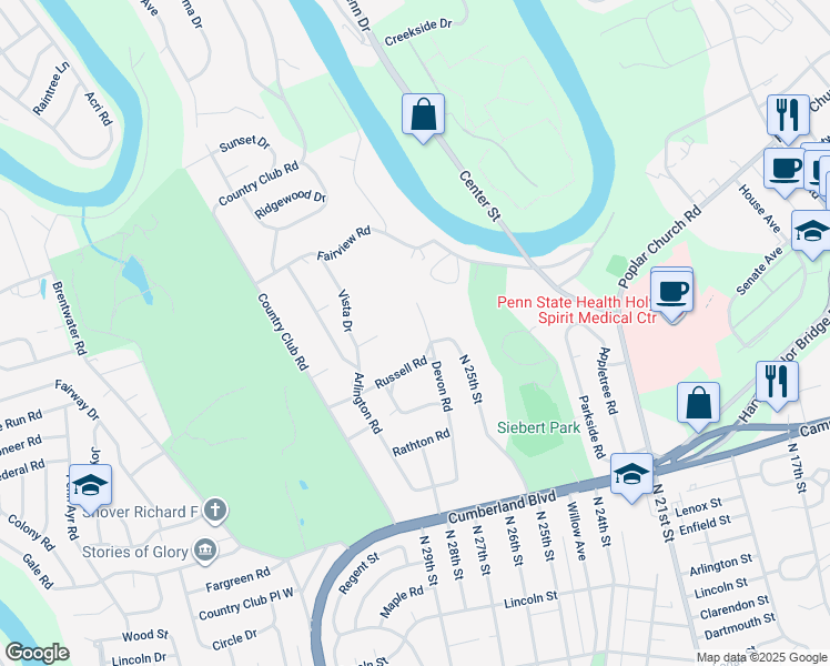 map of restaurants, bars, coffee shops, grocery stores, and more near 608 Devon Road in Camp Hill
