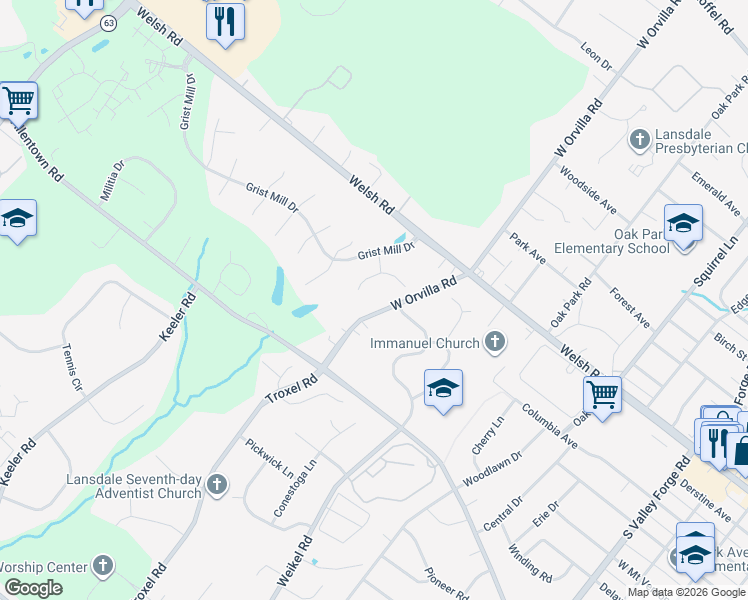 map of restaurants, bars, coffee shops, grocery stores, and more near 408 Shipwrighter Way in Lansdale