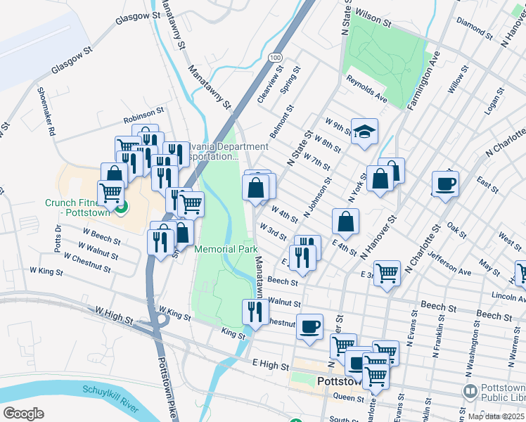 map of restaurants, bars, coffee shops, grocery stores, and more near 318 State Street in Pottstown