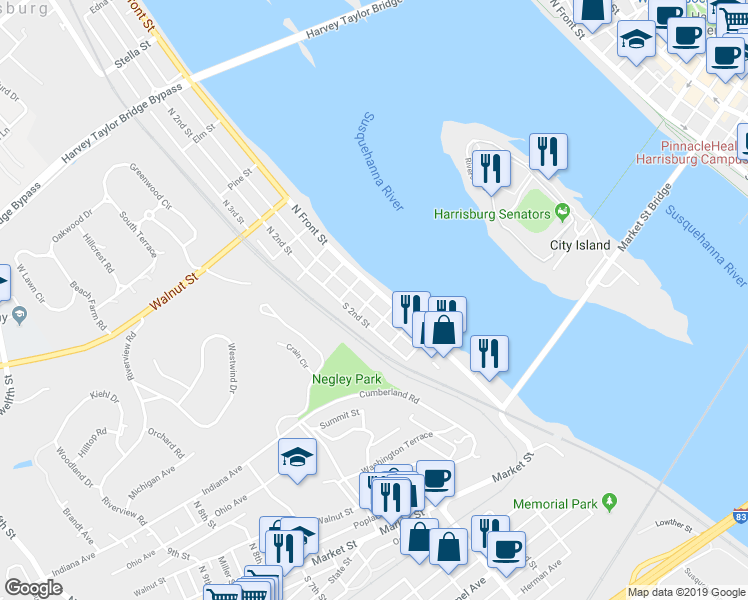map of restaurants, bars, coffee shops, grocery stores, and more near 116 South Front Street in Lemoyne