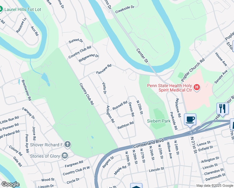 map of restaurants, bars, coffee shops, grocery stores, and more near 2849 Vista Circle in Camp Hill