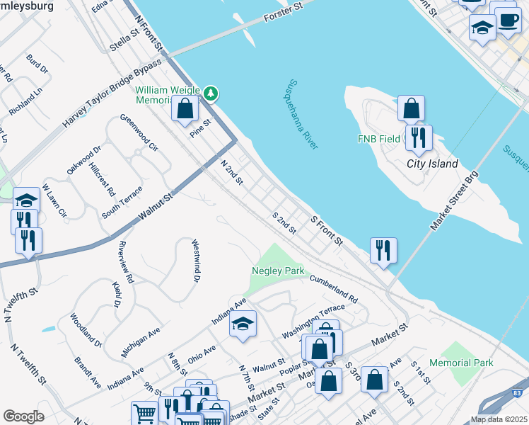 map of restaurants, bars, coffee shops, grocery stores, and more near 30 South 2nd Street in Wormleysburg