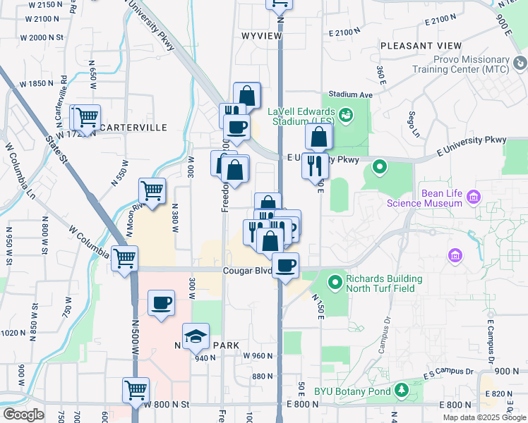 map of restaurants, bars, coffee shops, grocery stores, and more near 55 Paul Ream Avenue in Provo