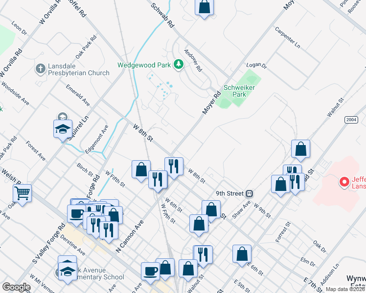 map of restaurants, bars, coffee shops, grocery stores, and more near 900 Moyers Road in Lansdale