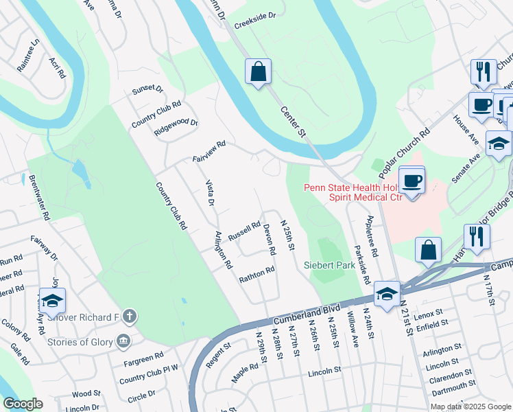 map of restaurants, bars, coffee shops, grocery stores, and more near 608 Devon Road in Camp Hill
