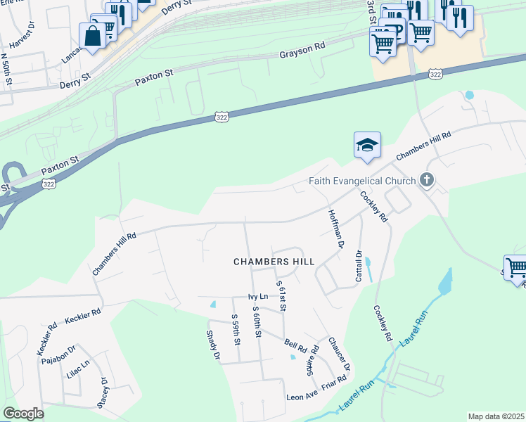 map of restaurants, bars, coffee shops, grocery stores, and more near 6040 Chambers Hill Road in Harrisburg