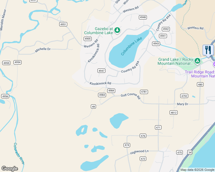 map of restaurants, bars, coffee shops, grocery stores, and more near 16 County Road in Grand Lake