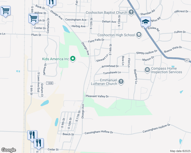 map of restaurants, bars, coffee shops, grocery stores, and more near 1312 Arrowhead Drive in Coshocton