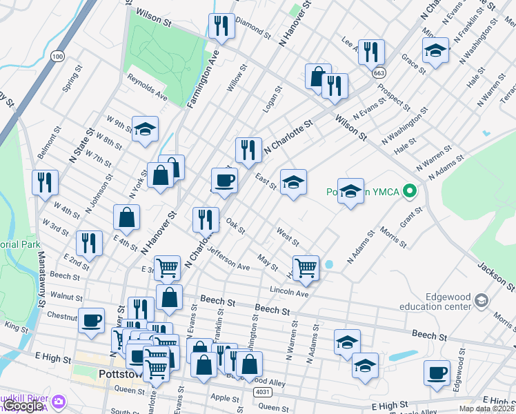 map of restaurants, bars, coffee shops, grocery stores, and more near 520 North Charlotte Street in Pottstown