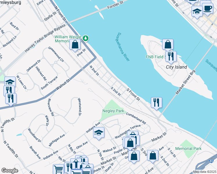 map of restaurants, bars, coffee shops, grocery stores, and more near 30 South 2nd Street in Wormleysburg
