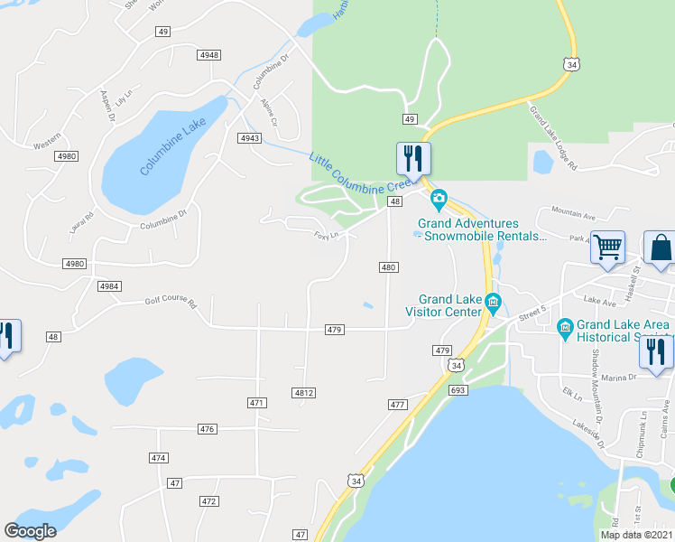 map of restaurants, bars, coffee shops, grocery stores, and more near 277 Golf Course Road in Grand Lake