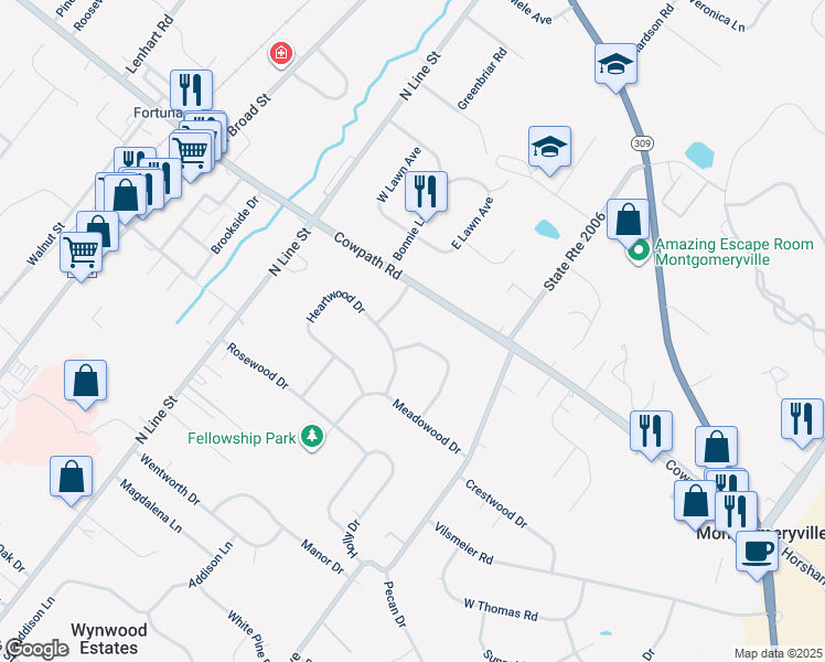 map of restaurants, bars, coffee shops, grocery stores, and more near 124 Knollwood Drive in Lansdale