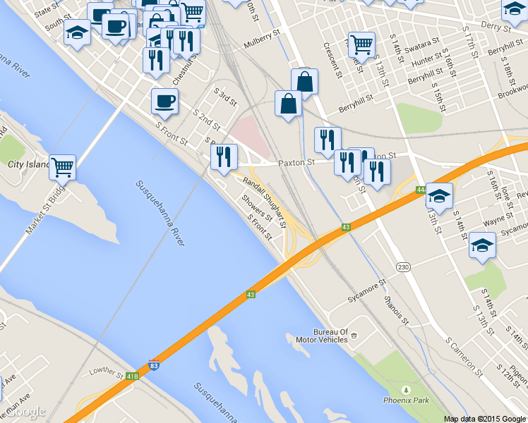 map of restaurants, bars, coffee shops, grocery stores, and more near 607 Showers Street in Harrisburg