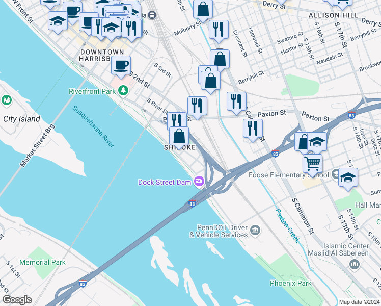 map of restaurants, bars, coffee shops, grocery stores, and more near 607 Showers Street in Harrisburg
