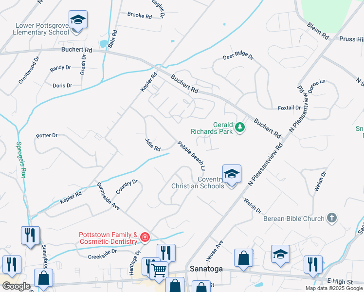map of restaurants, bars, coffee shops, grocery stores, and more near 89 Pebble Beach Lane in Pottstown
