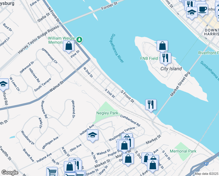 map of restaurants, bars, coffee shops, grocery stores, and more near 108 South River Street in Lemoyne