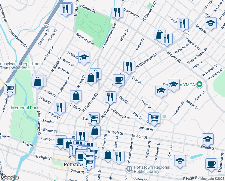 map of restaurants, bars, coffee shops, grocery stores, and more near 452 Spruce Street in Pottstown