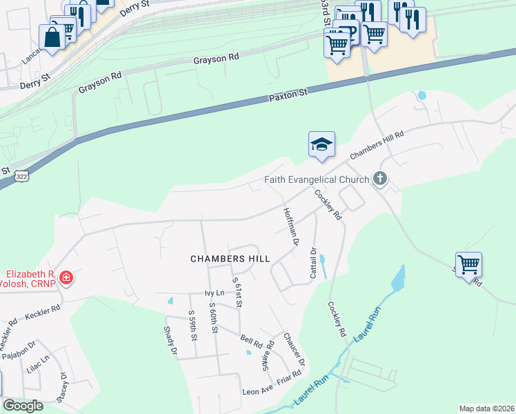 map of restaurants, bars, coffee shops, grocery stores, and more near 6175 Hocker Drive in Harrisburg
