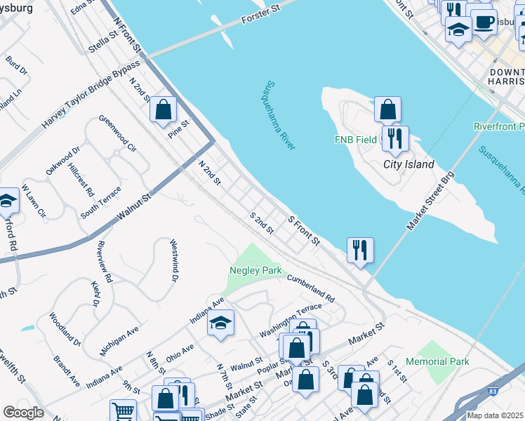 map of restaurants, bars, coffee shops, grocery stores, and more near 32 South Front Street in Wormleysburg