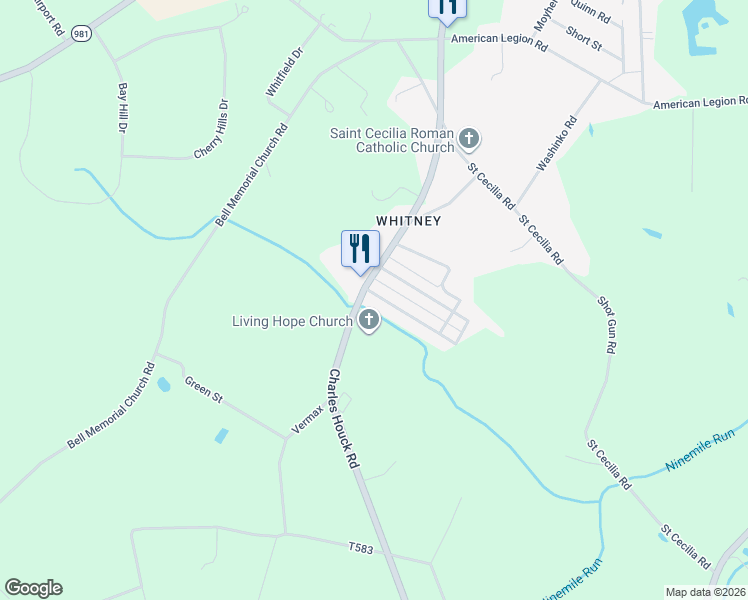 map of restaurants, bars, coffee shops, grocery stores, and more near 352 Charles Houck Road in Whitney