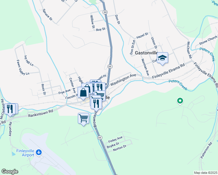 map of restaurants, bars, coffee shops, grocery stores, and more near 3593 Washington Avenue in Finleyville