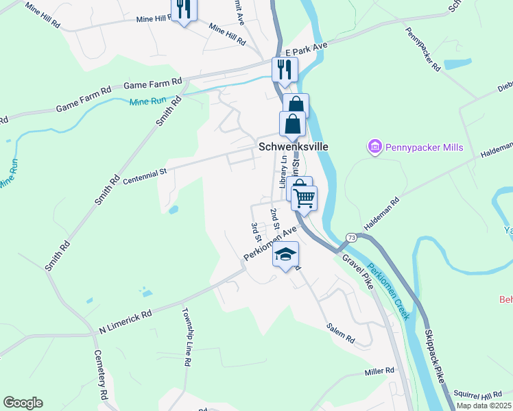 map of restaurants, bars, coffee shops, grocery stores, and more near 162 3rd Street in Schwenksville