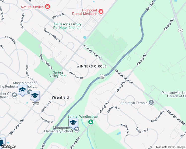 map of restaurants, bars, coffee shops, grocery stores, and more near 202 Santa Anita Drive in North Wales