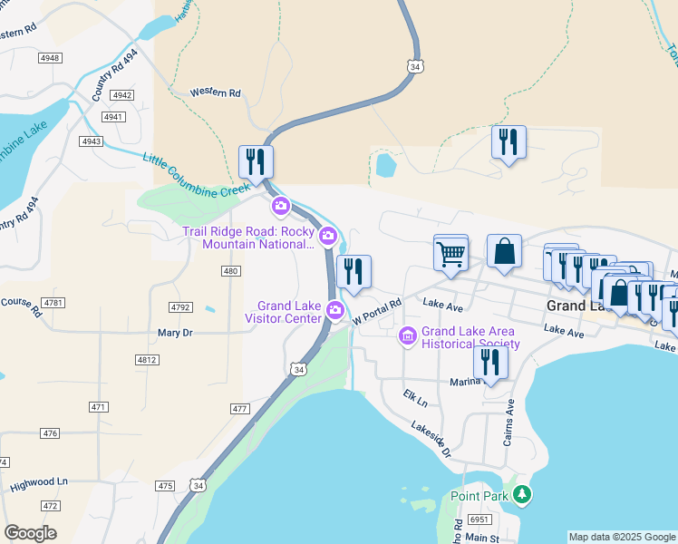 map of restaurants, bars, coffee shops, grocery stores, and more near 116 Grand Avenue in Grand Lake