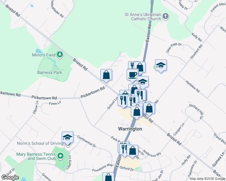 map of restaurants, bars, coffee shops, grocery stores, and more near in Warrington