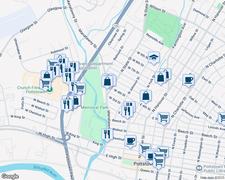 map of restaurants, bars, coffee shops, grocery stores, and more near 62 West 4th Street in Pottstown