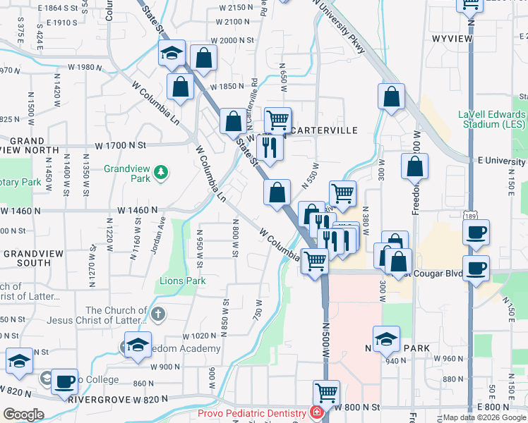 map of restaurants, bars, coffee shops, grocery stores, and more near 1465 North State Street in Provo