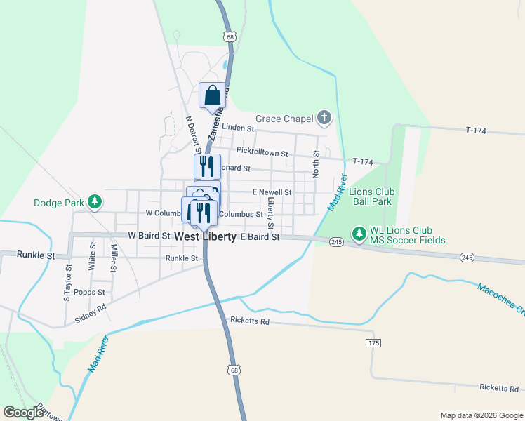 map of restaurants, bars, coffee shops, grocery stores, and more near 229 East Newell Street in West Liberty