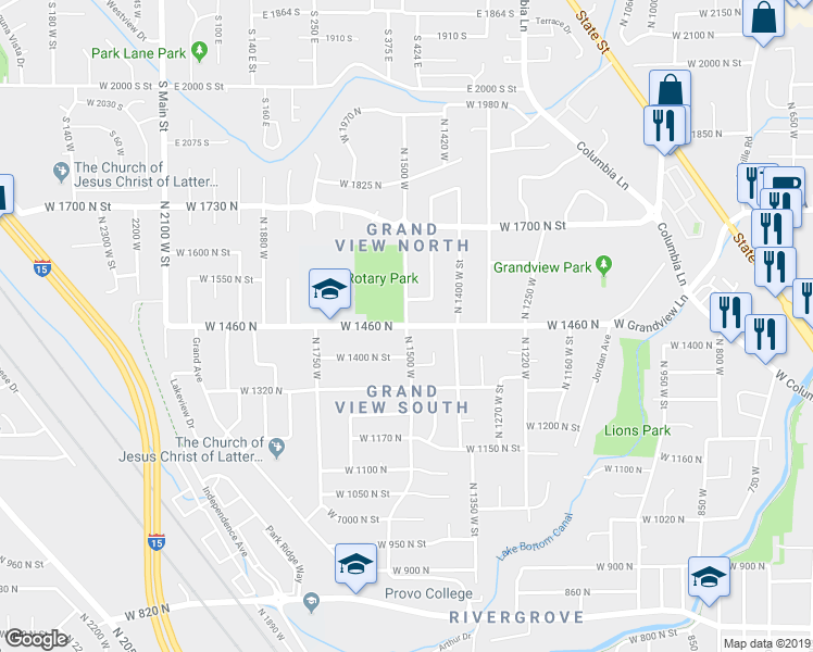 map of restaurants, bars, coffee shops, grocery stores, and more near 1571 West 1460 North in Provo