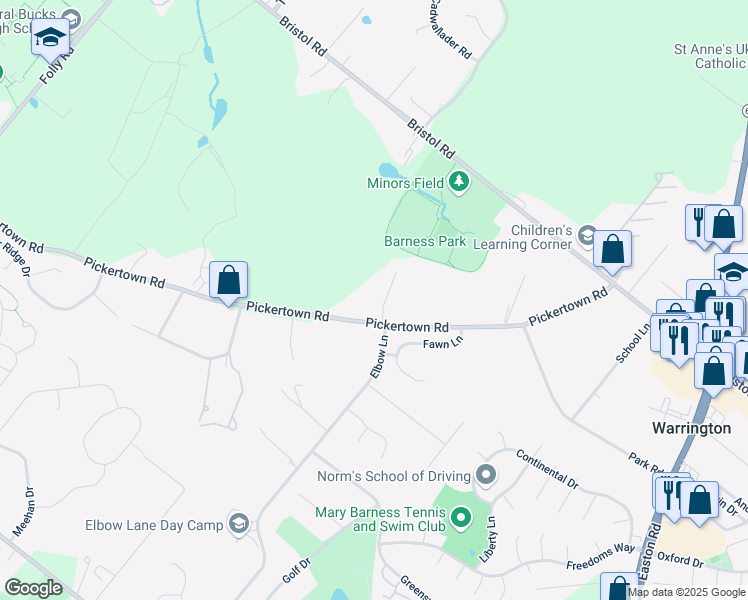 map of restaurants, bars, coffee shops, grocery stores, and more near 102 Lyric Way in Warrington