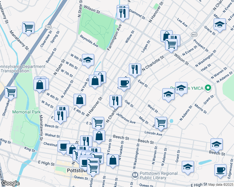 map of restaurants, bars, coffee shops, grocery stores, and more near 452 Spruce Street in Pottstown